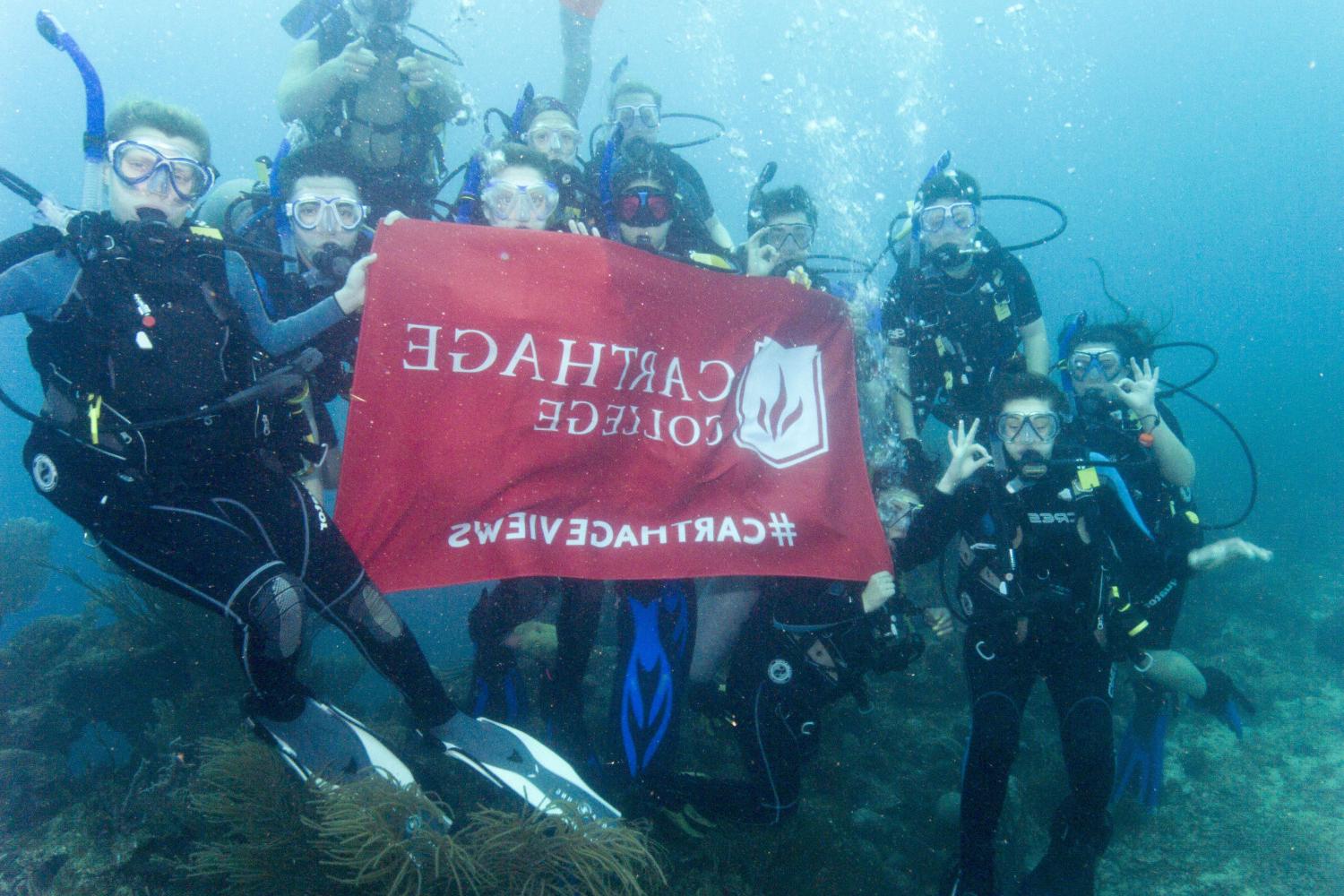 学生们手持<a href='http://fik.ngskmc-eis.net'>bv伟德ios下载</a>旗帜，在j学期洪都拉斯游学之旅中潜水.